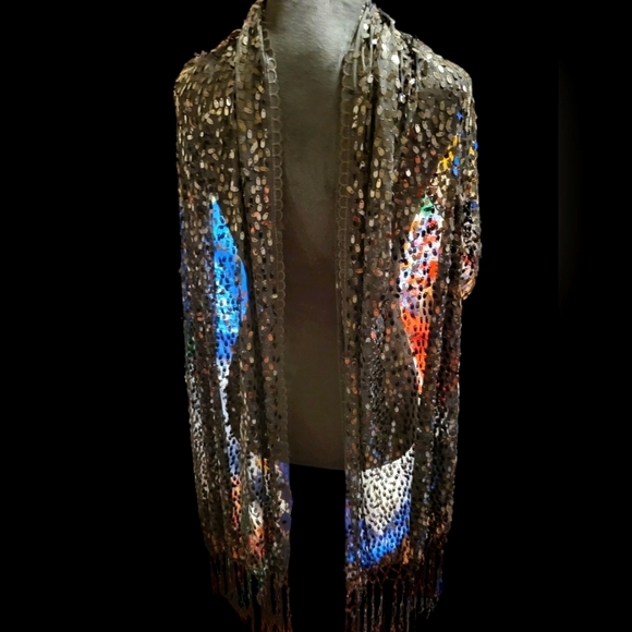 Large Black Sequins Scraf 72" long and 9" fridge  width 25" - Picture 5 of 11